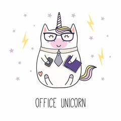 Hand drawn vector illustration of a kawaii funny fat office unicorn in a tie, with a smart phone, documents, text. Isolated objects on white background. Line drawing. Design concept for children print