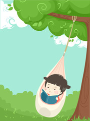 Kid Girl Pod Swing Outdoor Read Illustration