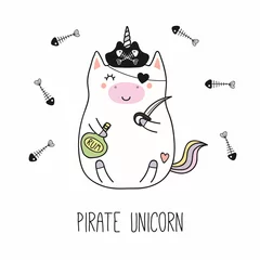 Keuken spatwand met foto Hand drawn vector illustration of a kawaii funny fat pirate unicorn in a tricorne hat, with cutlass, rum bottle. Isolated objects on white background. Line drawing. Design concept for children print. © Maria Skrigan