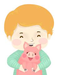 Kid Boy Pet Pig Illustration