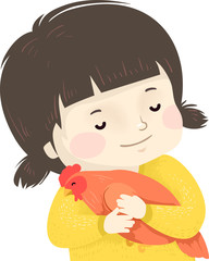 Kid Girl Pet Chicken Illustration