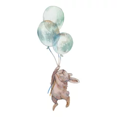 Glasschilderij Schattige konijntjes Waterverfkonijntje met de illustratie van luchtballons. Handbeschilderde konijnenvlieg. Schattige dieren geïsoleerd op een witte achtergrond. Cartoonhaas in boho-chique stijl