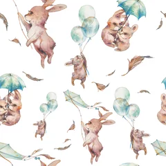 Wall murals Animals with balloon Watercolor cartoon texture with flying rabbits. Baby seamless pattern design. Bunny wallpaper with umbrella, air balloons, feathers, kite in sky.