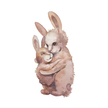 Watercolor bunny illustration. Hand painted rabbit family isolated on white background. Cartoon mom and baby rabbit hug