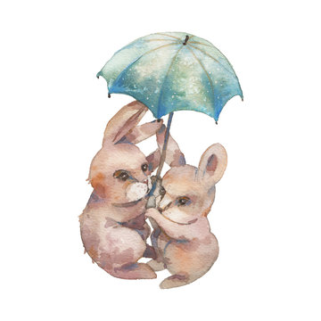 Watercolor rabbits with umbrella illustration. Hand painted bunny fly up. Cute animals isolated on white background. Cartoon art