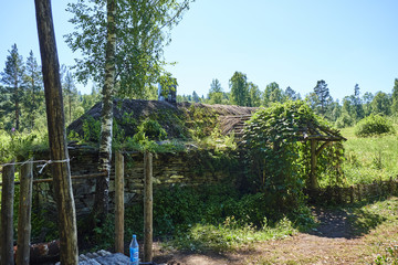 Old house in the woods with a thatched roof
