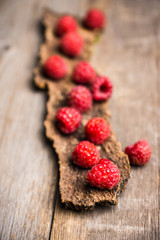 Ripe raspberry on the wooden bark. Selective focus. Shallow depth of field.