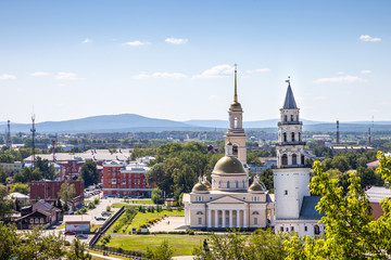 Spaso-Preobrazhensky Cathedral in the city and Nevyansk leaning tower