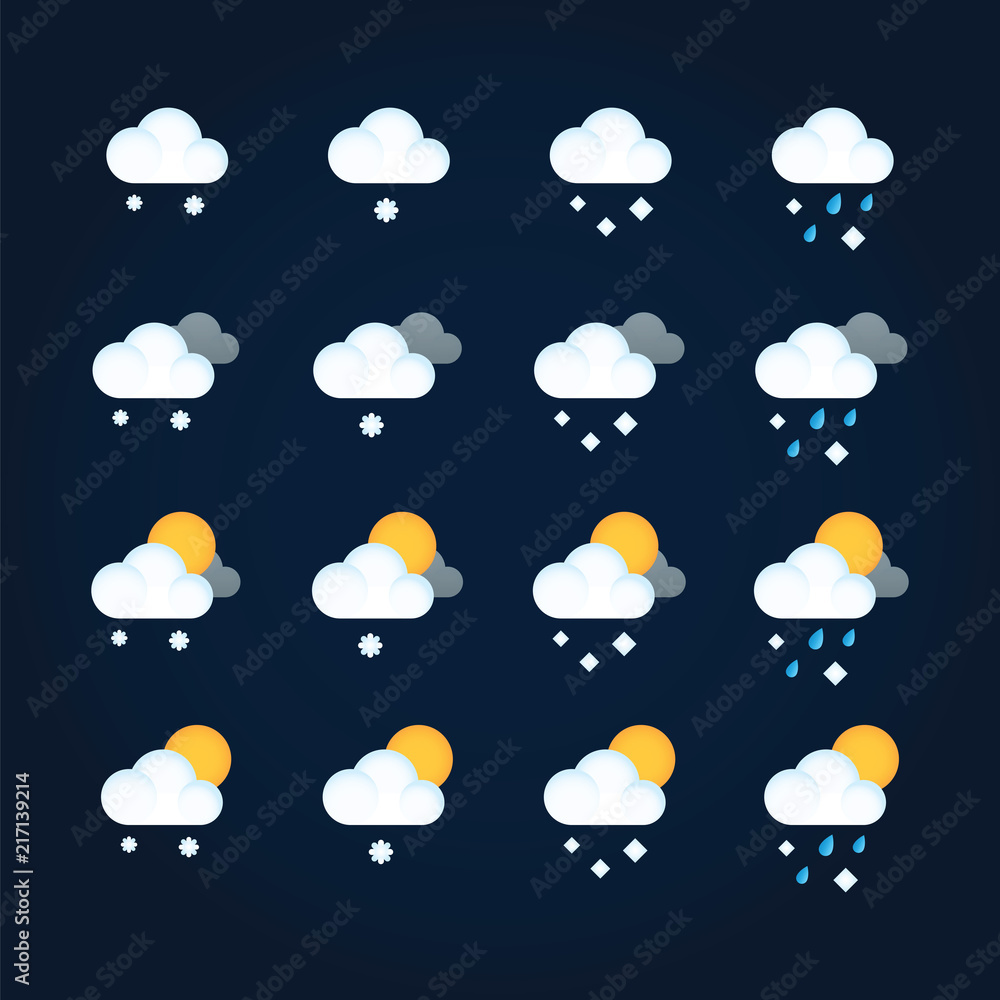 Wall mural weather icons sun and clouds in summer sky, rain with snow in winter sky. flat vector icon weather a