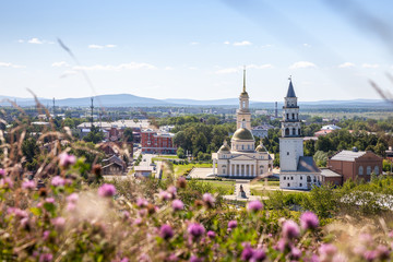 Spaso-Preobrazhensky Cathedral in the city and Nevyansk leaning tower