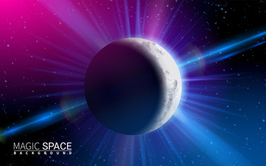 Abstract Space Moon Planet Shining Sun. Effect Realistic Design Elements. Vector Illustration Modern Background