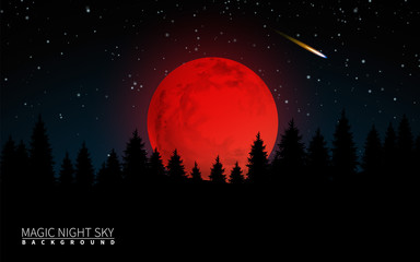 Fototapeta na wymiar Dark Forest and Big Red Moon. Vector Illustration Modern Background