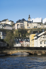 Fototapeta na wymiar Alzette River and Grund Quarter in Luxembourg City
