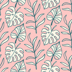Tropical Leaves seamless pattern, modern hand drawn nature foliage