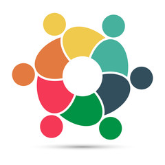 Group of six persons in circle. holding hands.The summit workers are meeting in the same power room.