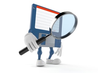 Floppy disk character holding magnifying glass