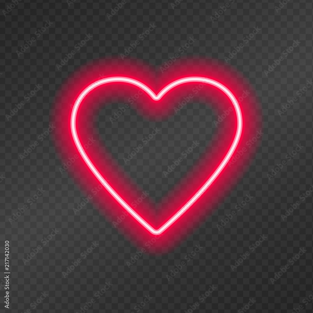 Poster neon tubes in the shape of a heart isolated on a dark transparency grid.
