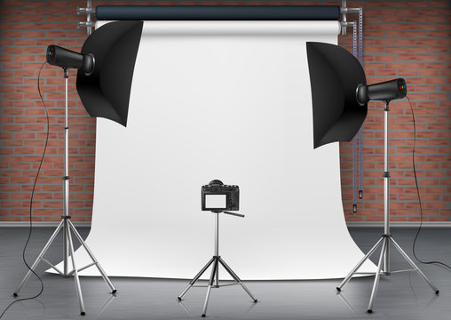 Vector realistic illustration of empty room with blank white screen, studio lights with soft boxes on tripod stands. Concept background with modern lighting equipment for professional photography