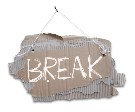 Cardboard sign on a cord with a words OOPS. 
Ripped, corrugated paper hanging on cord with white sign OOPS.Isolated on white background.