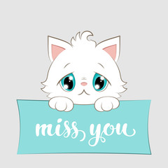 Cute cartoon white kitten with hand drawn lettering. Vector Illustration