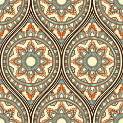 Seamless pattern with ethnic mandala ornament. Hand drawn vector illustration