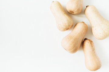 Pumpkins on white background. Flat lay, top view fall autumn concept.