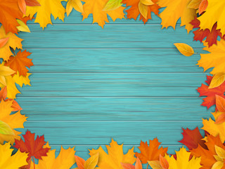 Naklejka na ściany i meble White frame decorated of fallen maple leaves. Autumn foliage on the background of a wooden vintage table surface. Realistic vector illustration.
