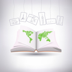 open book and world map drawn in pencil