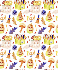 Fototapeta premium Watercolor halloween seamless pattern. Cute halloween set. Perfect for you postcard design, wallpaper, print, invitations, patterns, travel, poster, packaging etc.