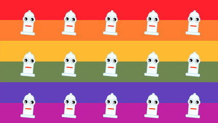 animated pattern representing a happy condom for sexual security, with rainbow flag background