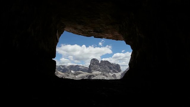 Popera and Croda dei Toni seen from a cave excavated during the First World War, South Tyrol, Italy