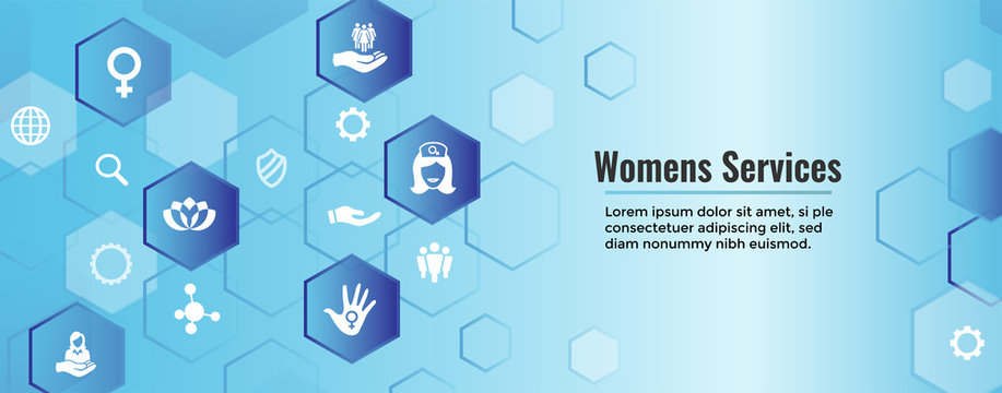 Women's Services Icon Set and Web Header Banner with Female Symbol