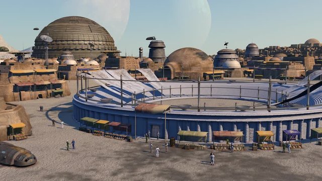 Ciudad sci-fi en planeta desierto