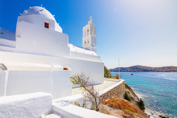 The famous old church of Agia Irini, at the entrance of Yalos, the port of Ios island, Cyclades,...