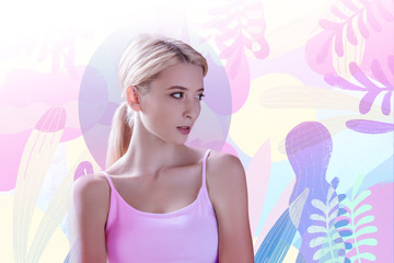 Strange place. Pretty young tourist being in unknown place and feeling worried while looking around