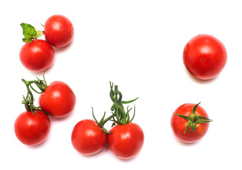Tomatoes collection of whole and sliced with a branch of tomato leaf isolated on white background. Tasty and healthy food. Flat lay, top view