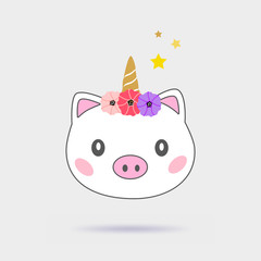 Magic pig unicorn cute illustration. Isolated on gray background.