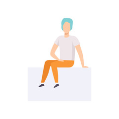 Young man sitting in casual clothes and blue hair vector Illustration on a white background