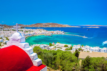 Mykonos port with boats and windmills, Cyclades islands, Greece - obrazy, fototapety, plakaty
