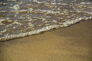 Texture of fine yellow-brown wet river sand and water with bubbles.