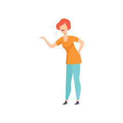 Casually dressed young woman shouting in a rage, emotional girl feeling anger vector Illustration on a white background