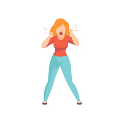 Fototapeta na wymiar Casually dressed furious young woman shouting loudly, emotional girl feeling anger vector Illustration on a white background