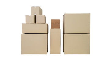 Cardboard Boxes in different sizes stacked boxes isolated on white backgrouns