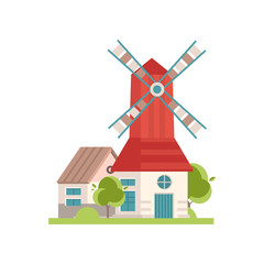 Traditional rural windmill building with red roof, ecological agricultural manufacturing vector Illustrations on a white background