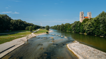 St maximilian church and isar river summertime, Munich, Bavaria, Germany