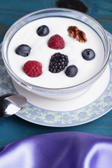 A glass bowl with yogurt and berries