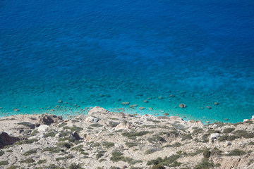View from above of scenic coast with turquoise water, Gavdos, Greece.
