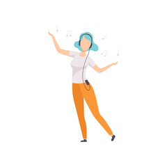 Beautiful young woman with blue hair listening music and dancing, girl enjoying music with headphones vector Illustration on a white background