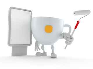 Tea cup character with blank billboard