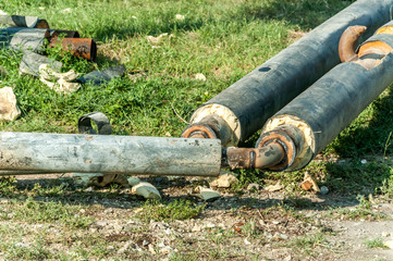 District heating system. City district heating pipes with insulation welted together for new hot...